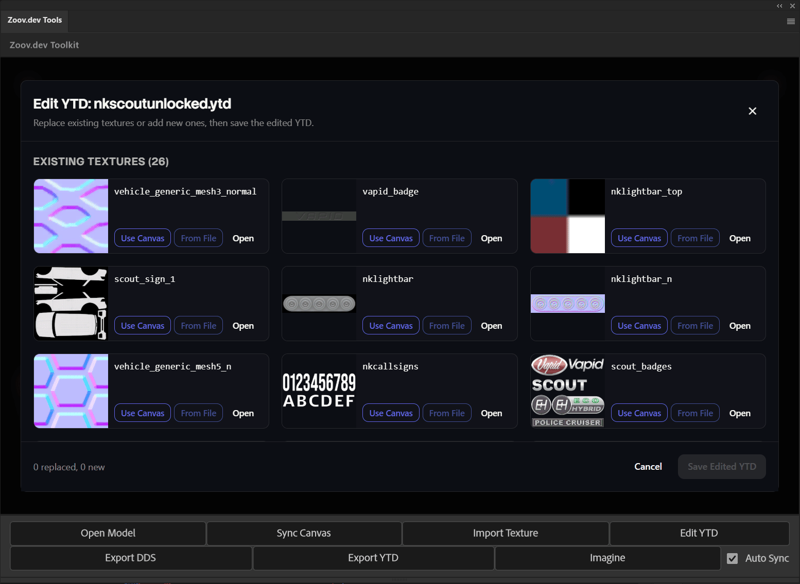 Zoov Toolkit panel inside Photopea editing a livery texture
