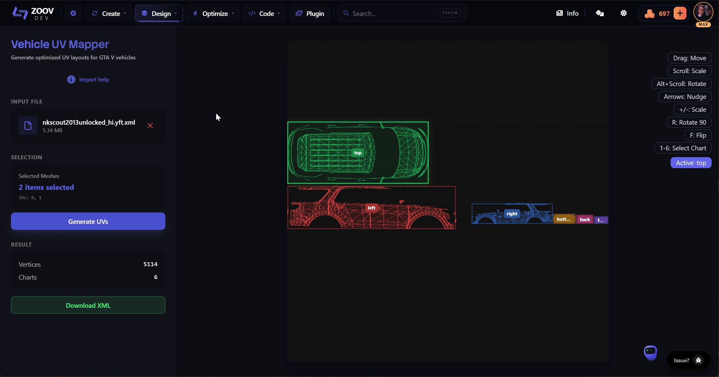 Zoovdev livery mapper with UV charts laid out on the sheet