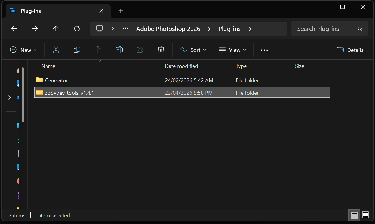 Placeholder: screenshot of the Plug-ins folder containing the extracted zoovdev-tools-v1.4.1 folder